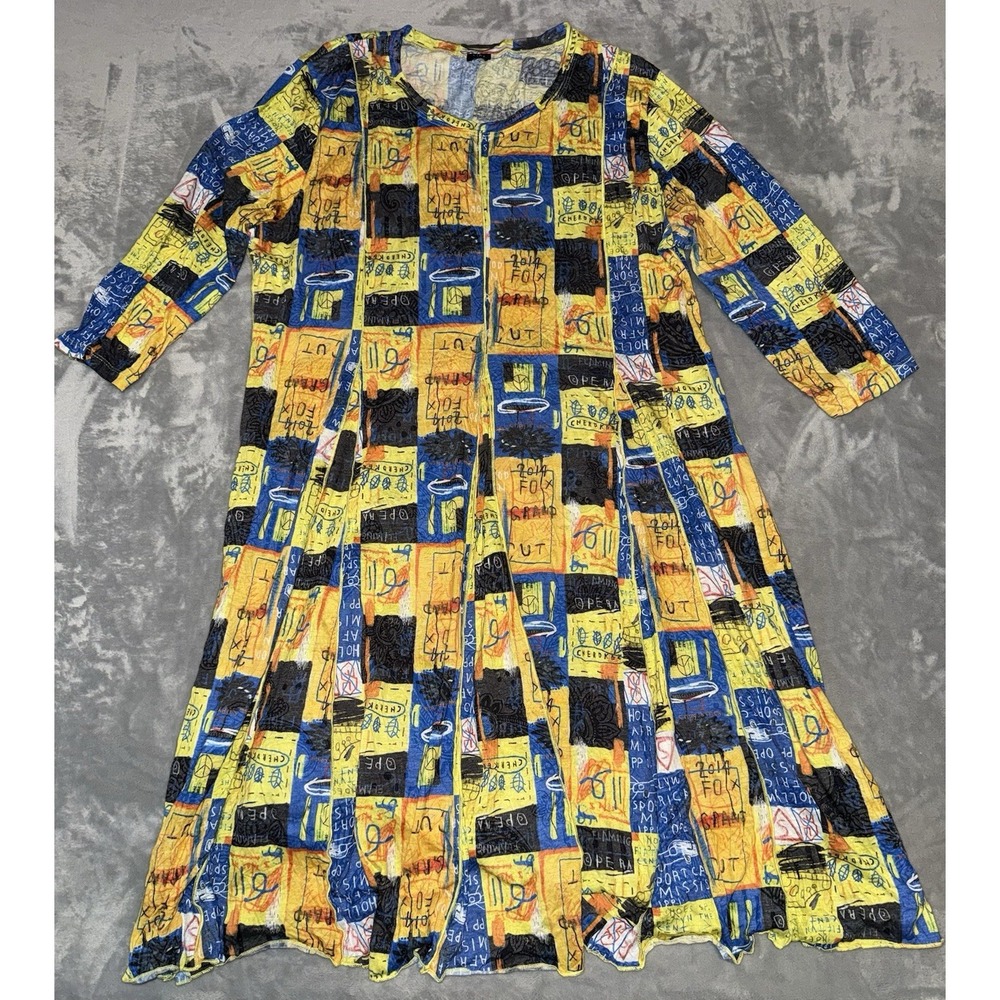 Shana Abstract Art Knit Dress Womens Sz XL Yellow Blue Lagenlook Geometric